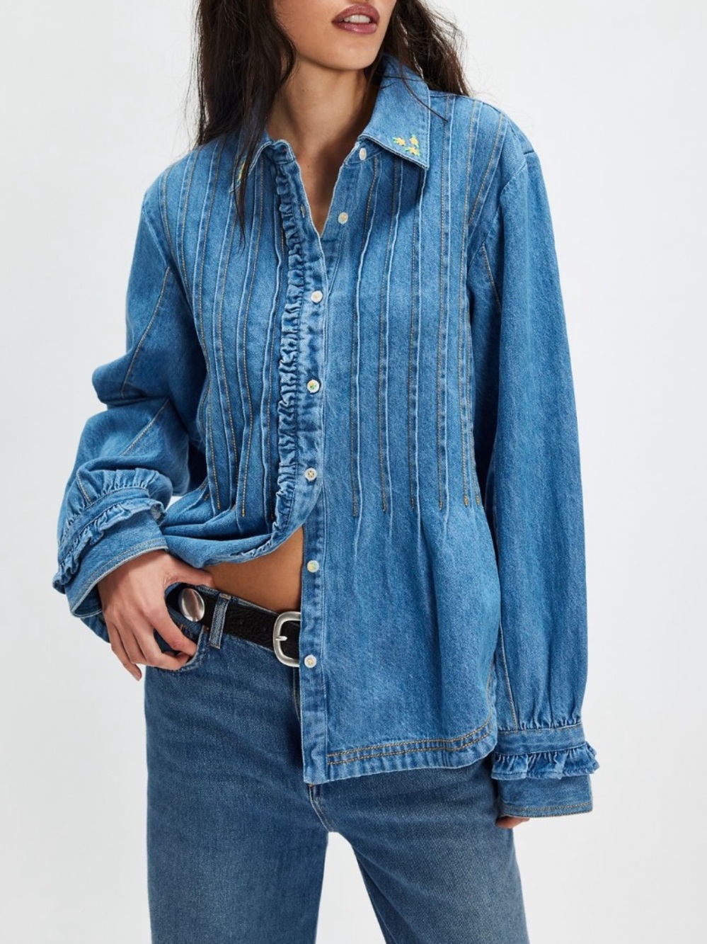 Free People Robin Pintuck Denim Shirt Pleated Ruffle Cuffs Light Wash M NWT